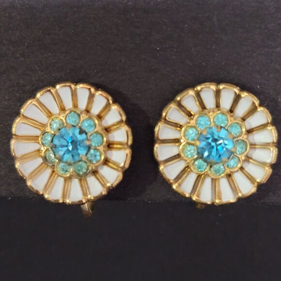CORO Aqua Rhinestone Screw Back Earrings - Picture 1 of 8
